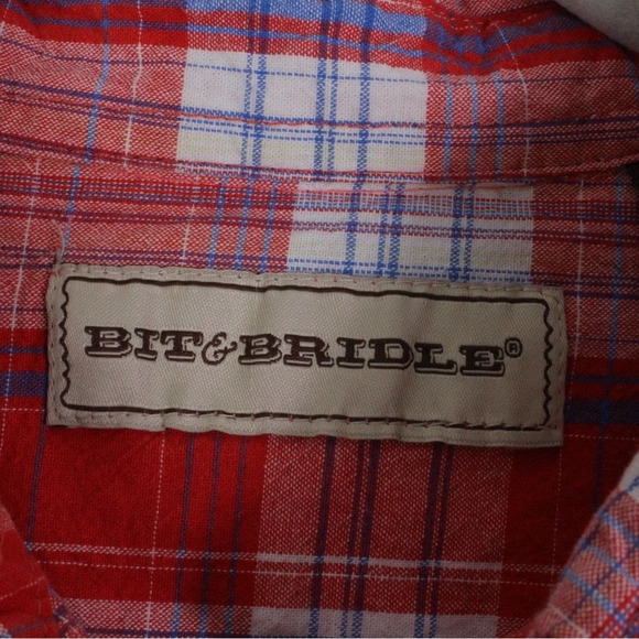 Bit & Bridle Western Plaid Button-Up Shirt – Red Blue White – Size Large - Picture 4 of 7